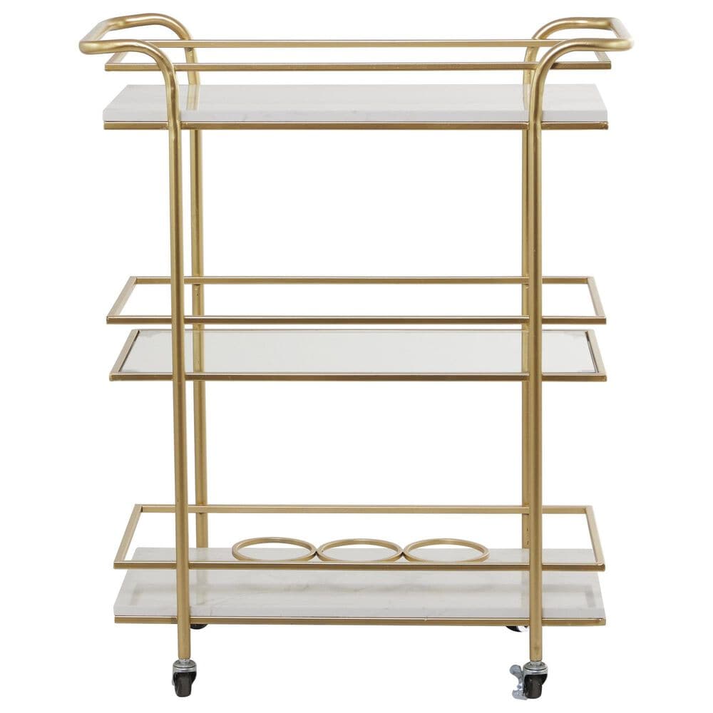 Maple and Jade 3-Shelf Bar Cart with Handle in Satin Gold and White Marble, , large
