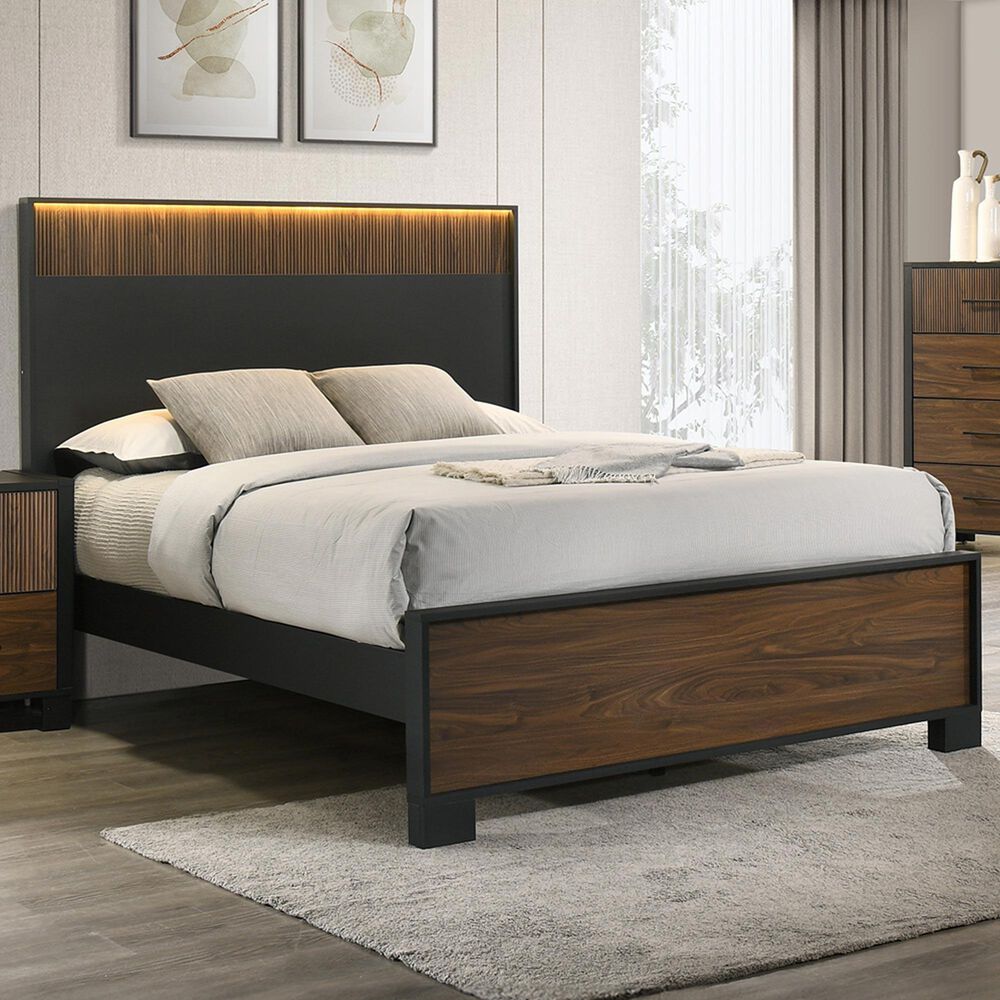 Crown Mark Nemy King Panel Bed with Headboard Lighting in Brown, , large