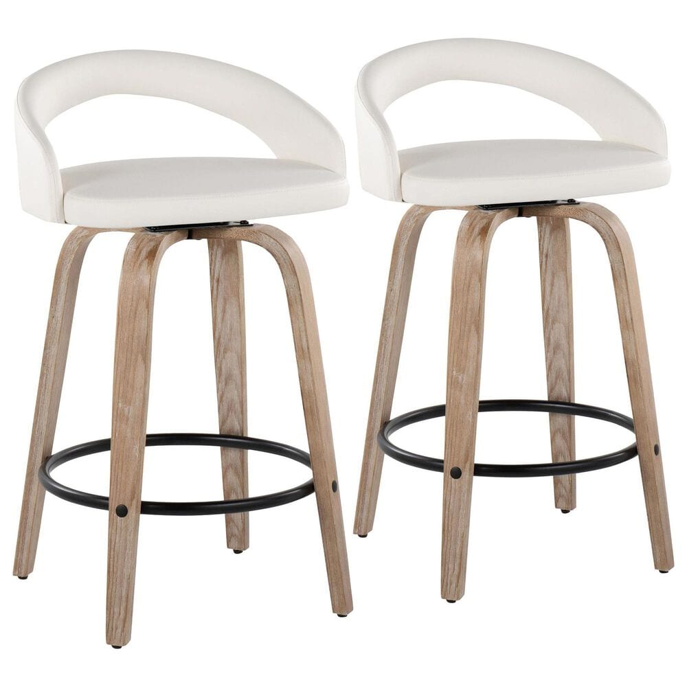 LumiSource Grotto Swivel Counter Stool with White Faux Leather Upholstery in Whitewashed Wood and Black (Set of 2), , large