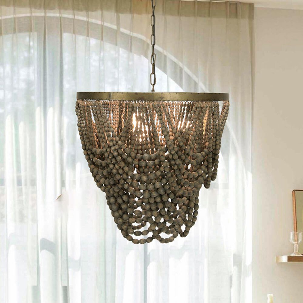Creative Coop Laurel 2-Tier Draped Wood Bead Chandelier with Gold and Grey Shade, , large