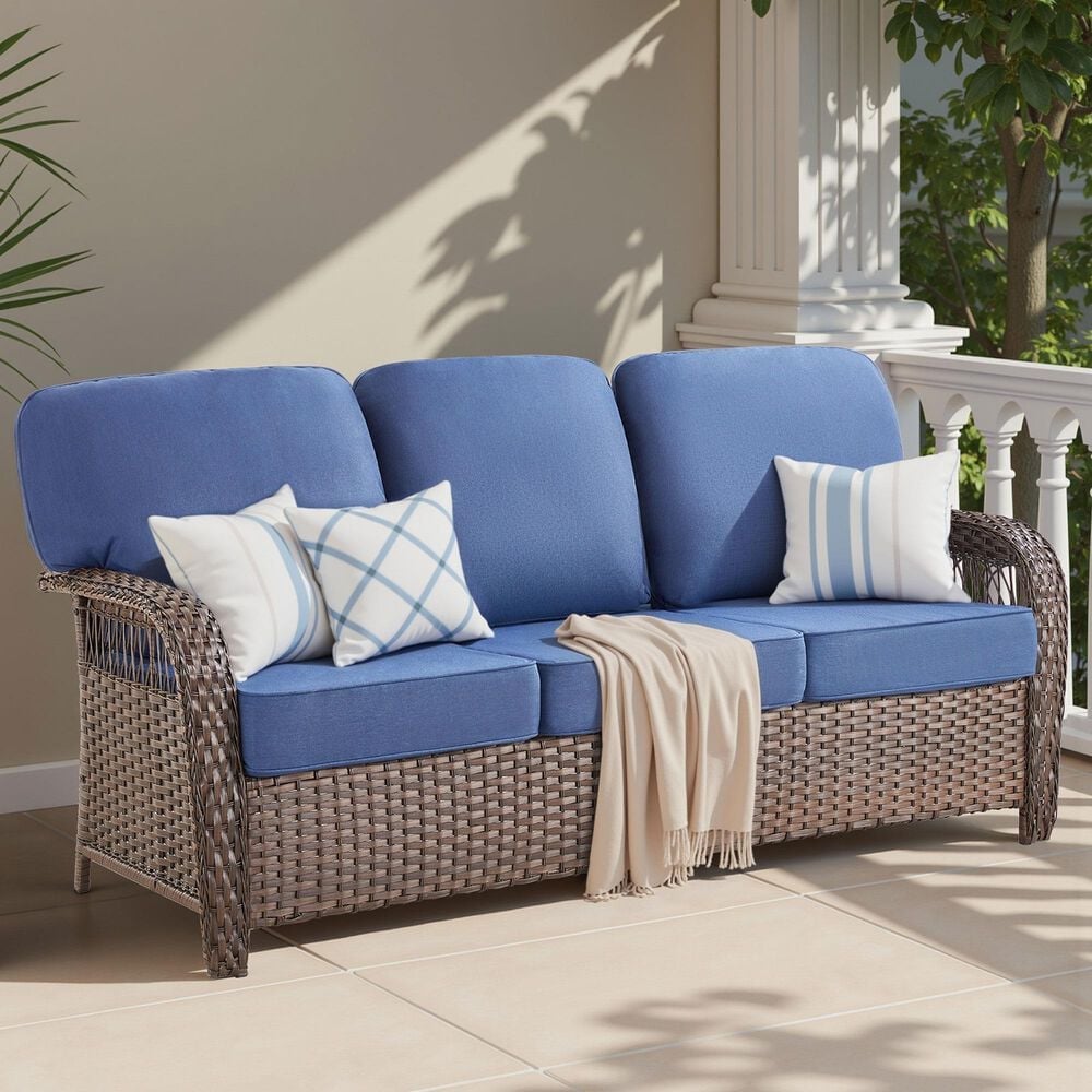 Hearth and Haven Outdoor Sofa with T-back Cushions and Brown Wicker in Blue, , large