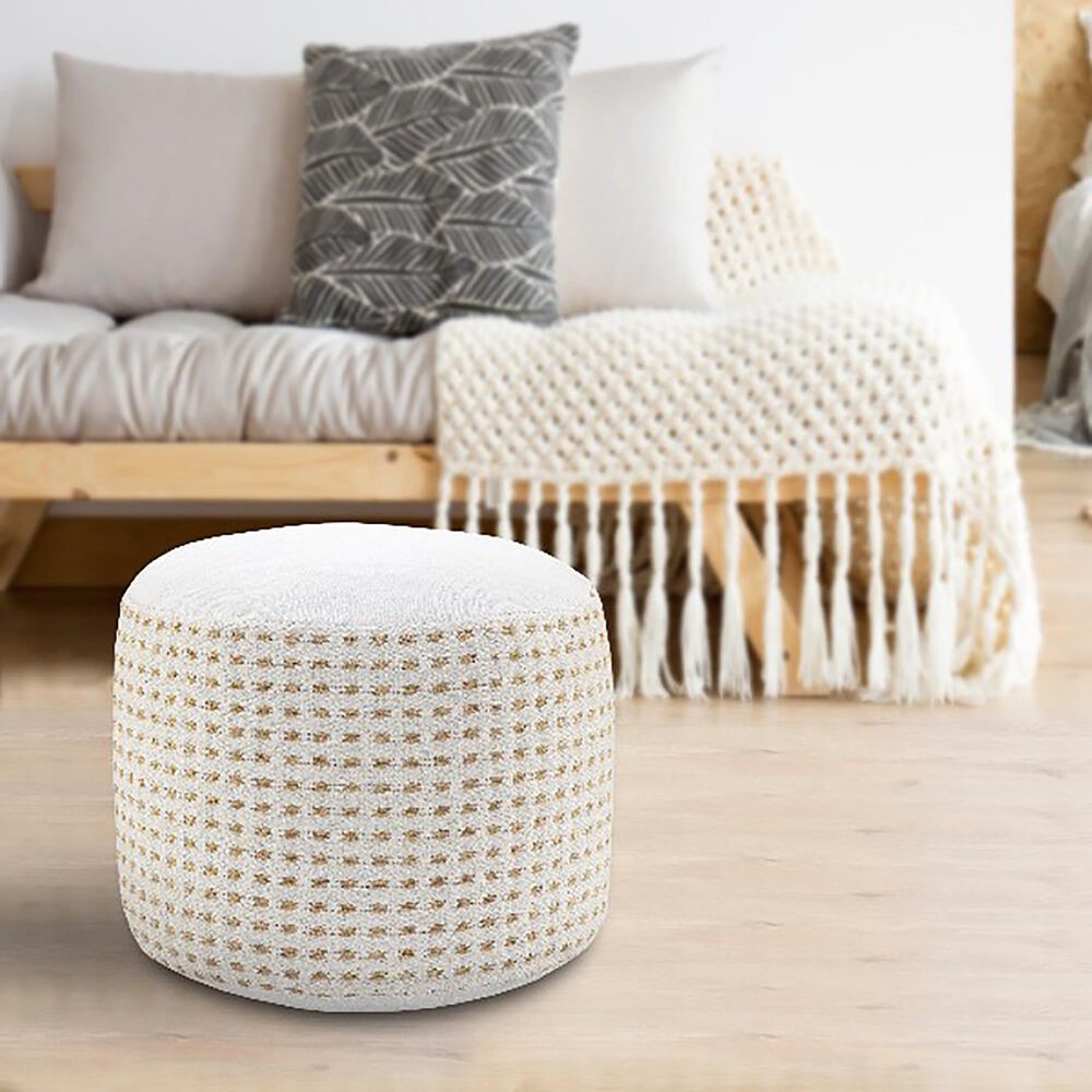 LR Home 18" Round Dots Pouf in Natural and White, , large