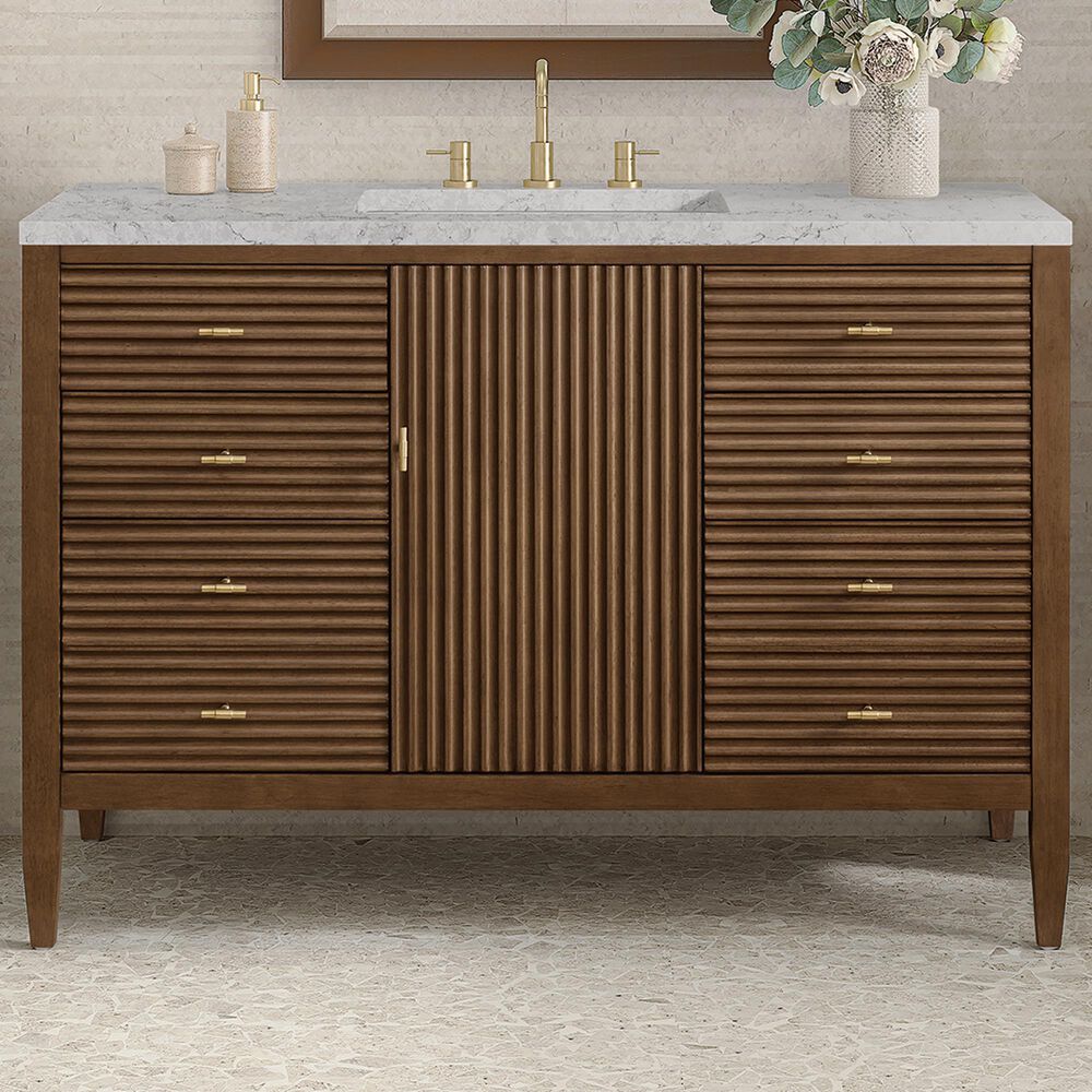 James Martin Vanities Myrrin 48&quot; Vanity in Mid Century Walnut with 3 cm Eternal Jasmine Pearl Quartz Top, , large