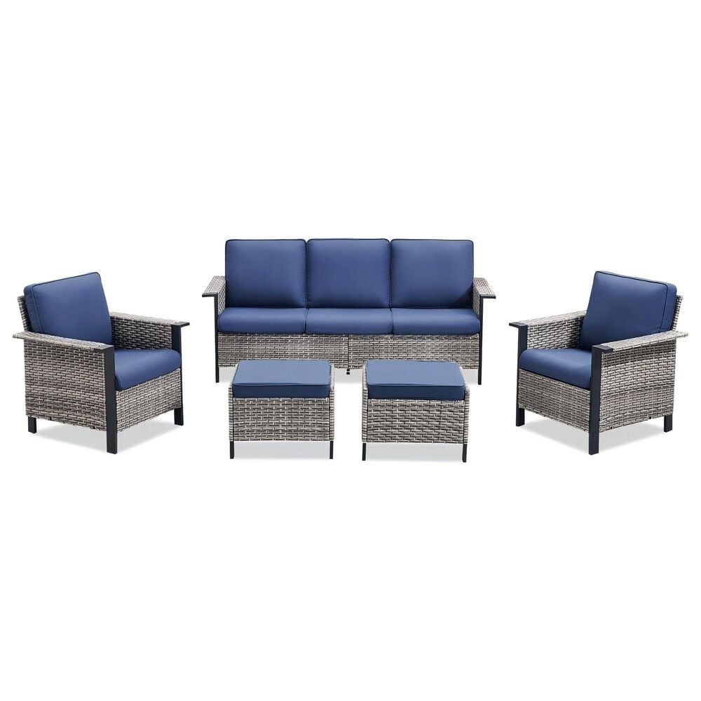 Sunwell Garden 5-Piece Patio Chat Set with Two Stationary Chairs in Navy, , large