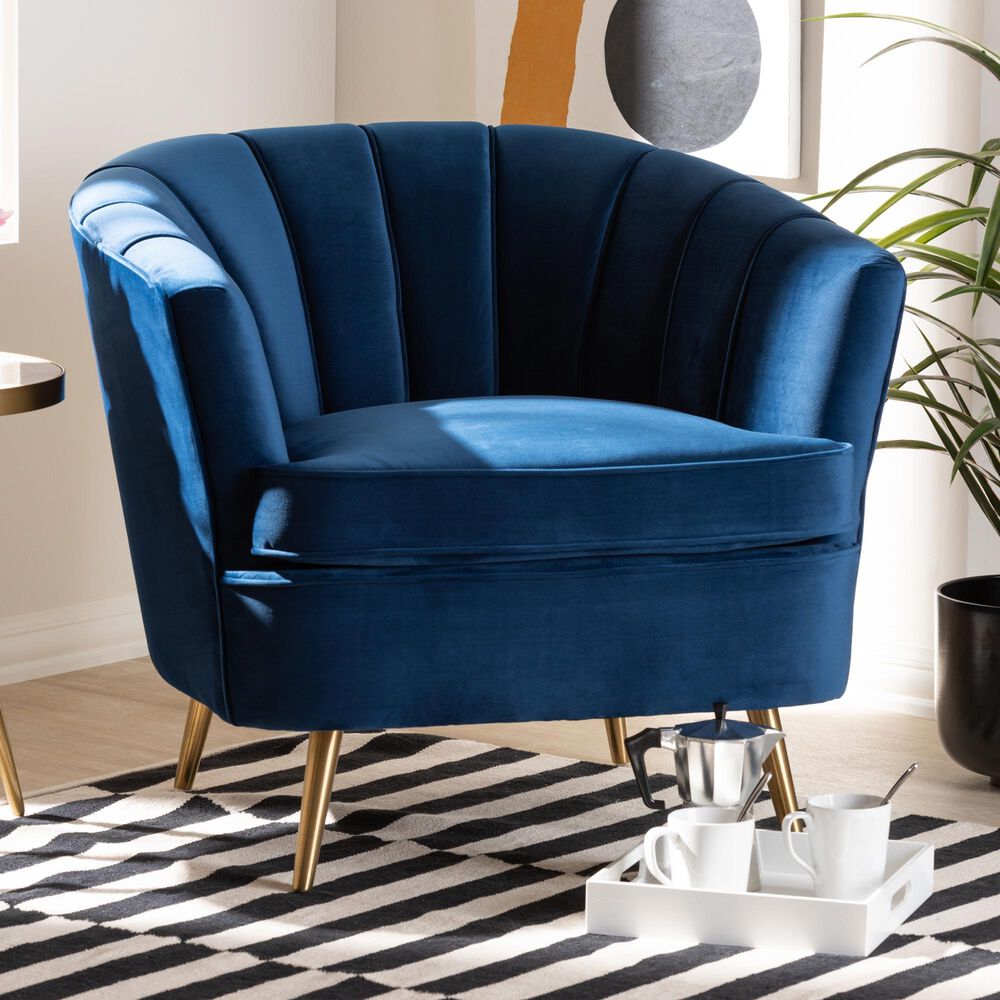 Baxton Studio Emeline Arm Chair with Brushed Gold Frame in Navy Blue, , large