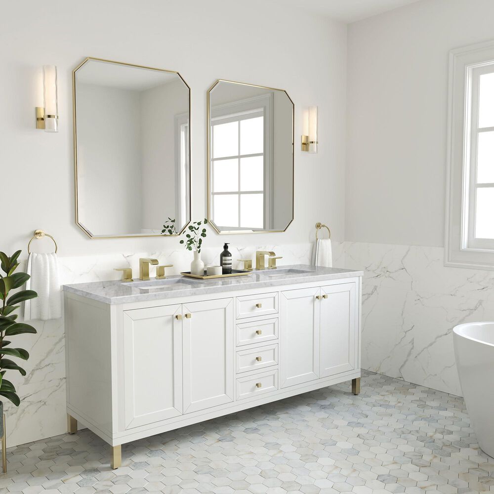 James Martin Vanities Chicago 72&quot; Double Bathroom Vanity in Glossy White with 3 cm Carrara White Marble Top and Rectangular Sinks, , large