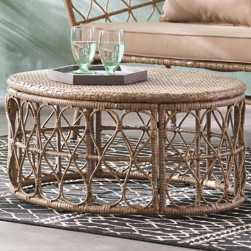 Hearth and Haven Bruce Outdoor Round Wicker Coffee Table with Open Lattice Design in Brown, , large