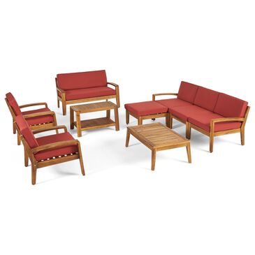Noble House Grenada 9-Piece Patio Sectional Sofa Set with Red Cushion in Teak, , large