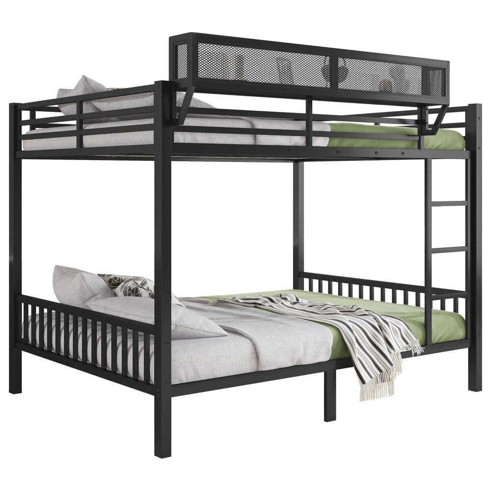Hearth and Haven Queen over Queen Bunk Bed with Ladder and Storage Shelf in Black, , large
