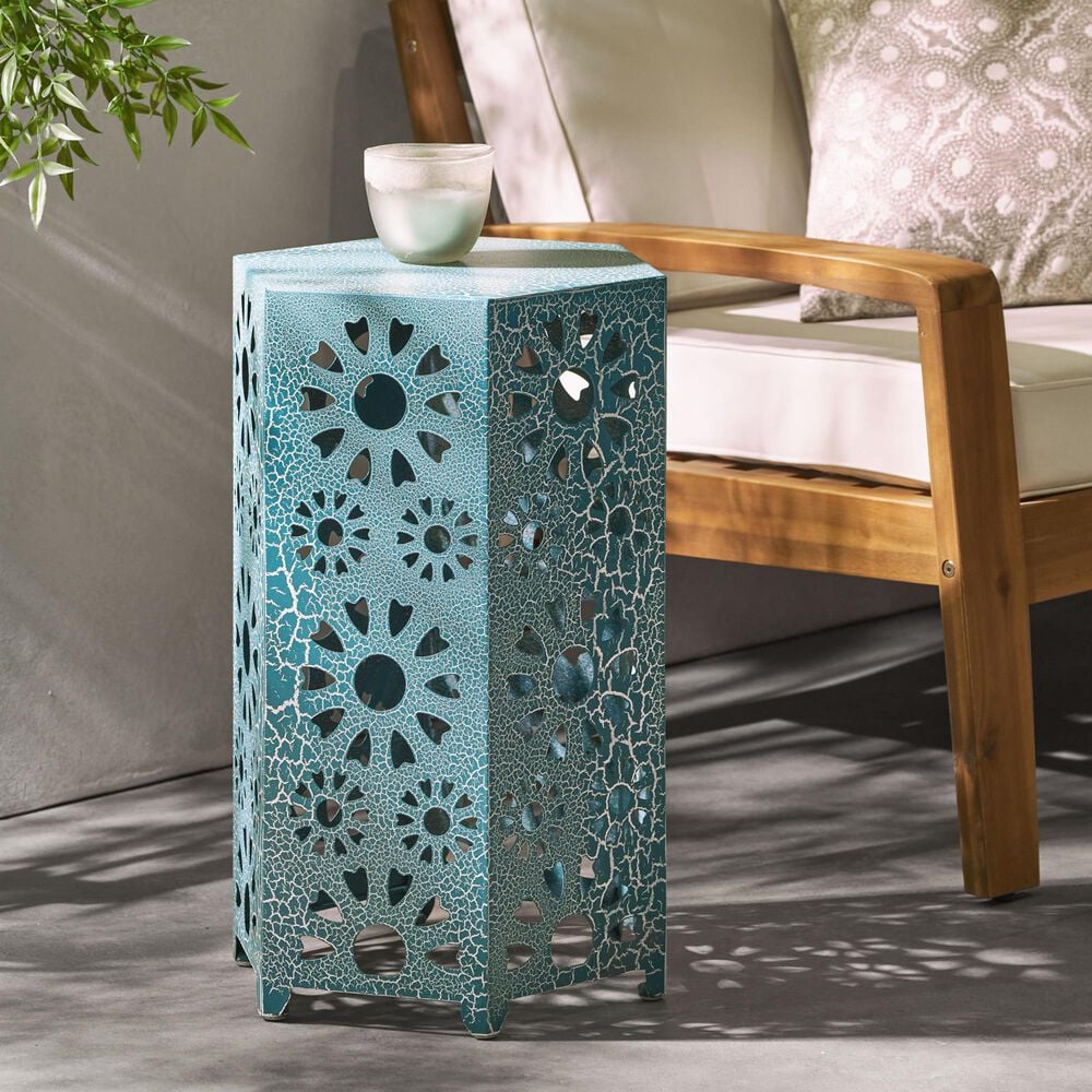 Hearth and Haven Galore 14" Outdoor Hexagon Metal Side Table with Sunburst Cut Out Design in Teal, , large
