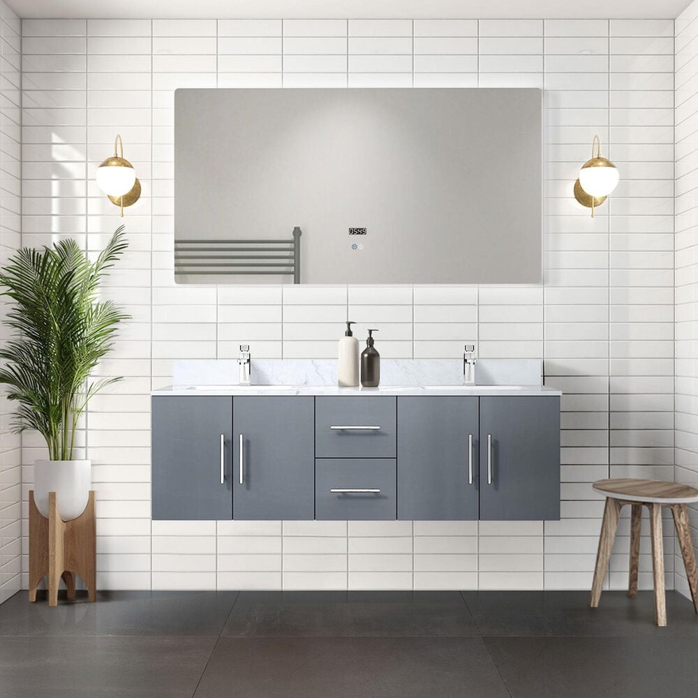 Lexora Home Geneva 60&quot; Double Bathroom Vanity in Dark Grey with 2 cm White Carrara Marble Top and Rectangular Sinks, , large