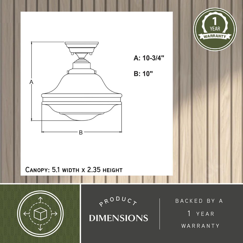 Vaxcel Huntley 10" 1-Light Semi Flush Mount with Milk Glass Shade in Natural Brass, , large