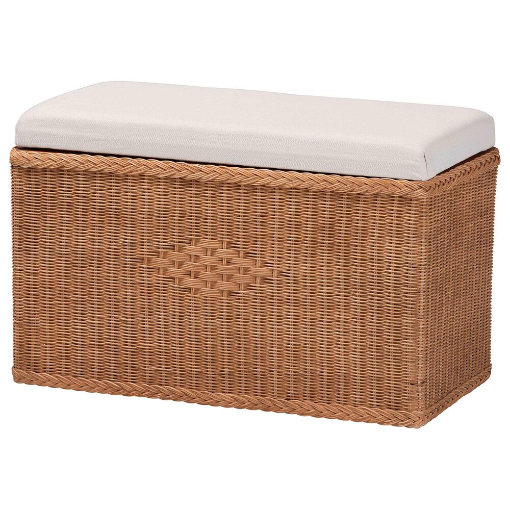 Baxton Studio Eamon Storage Bench with Brown Rattan in Cream, , large