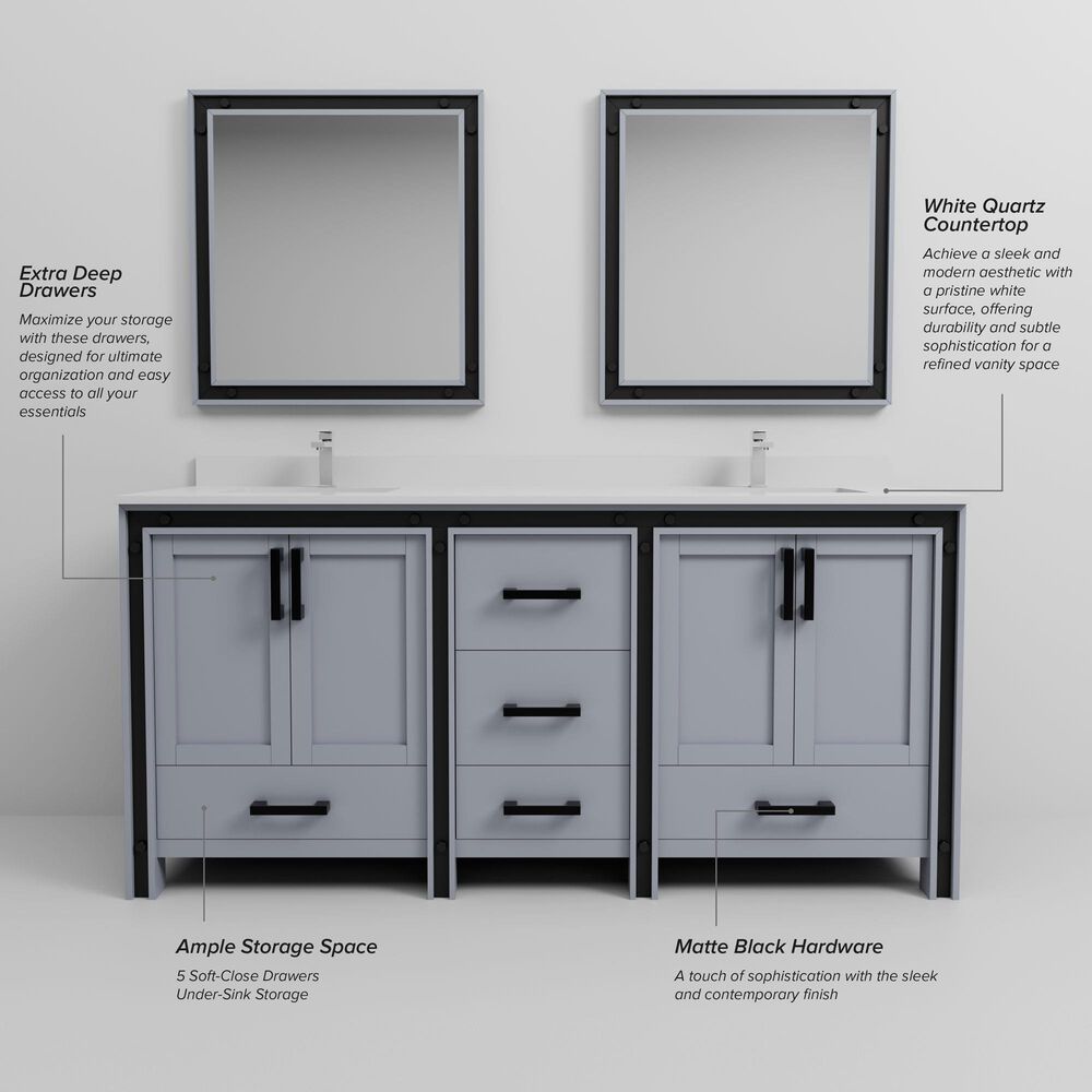 Lexora Home Ziva 72" Double Bathroom Vanity in Dark Grey with 2 cm White Quartz Top and Rectangular Sinks, , large