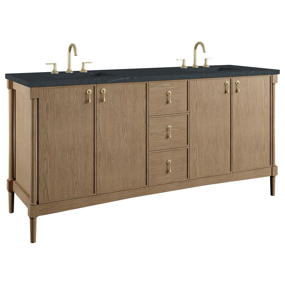 James Martin Kinnsden 72" Double Bathroom Vanity in Weathered Oak with 3 cm Charcoal Soapstone Silestone Top and Rectangular Sinks, , large