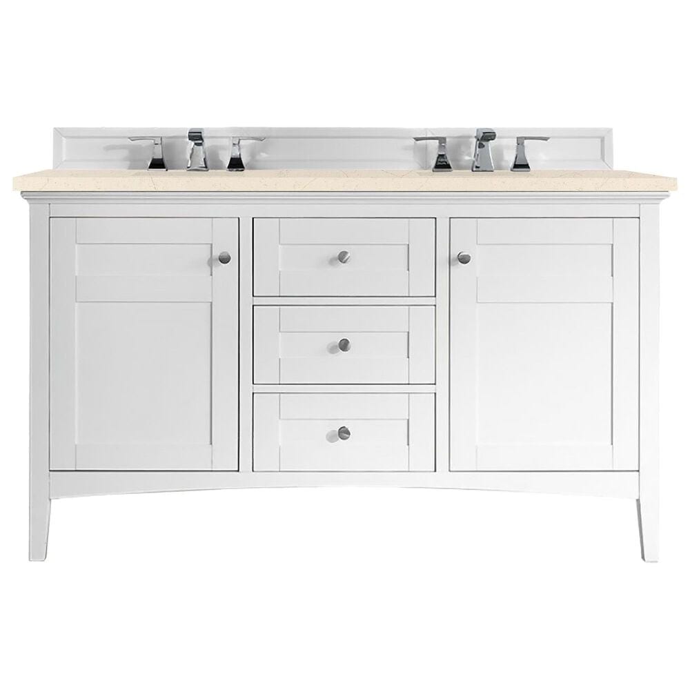 James Martin Vanities Palisades 60" Double Bathroom Vanity in Bright White with 3 cm Eternal Marfil Quartz Top and Rectangular Sinks, , large