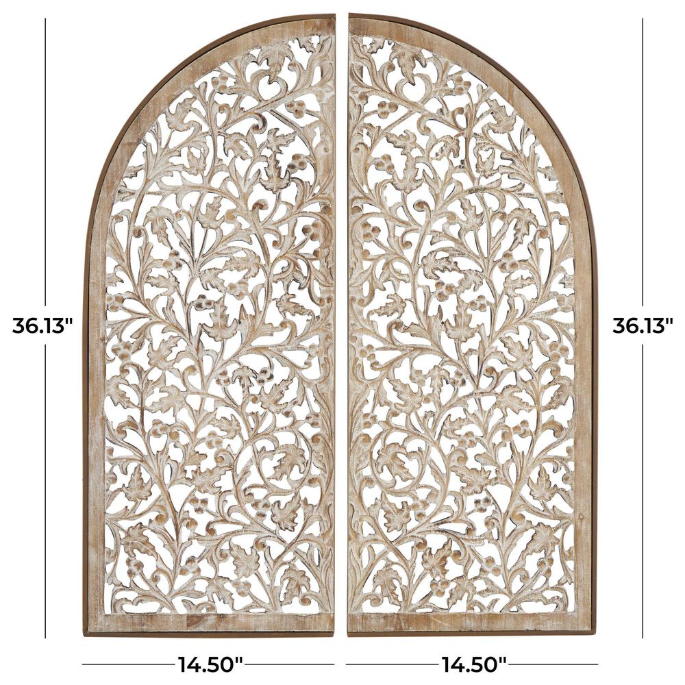 Maple and Jade 36&quot; x 15&quot; Floral Arched Wall Decor with Intricate Carvings in Brown and Whitewashed &#40;Set of 2&#41;, , large
