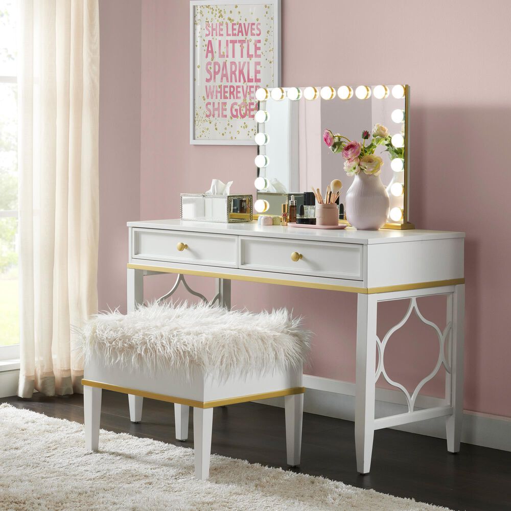Martin Svensson Home Emma Vanity With Stool in Lacquer White with Gold Accents, , large