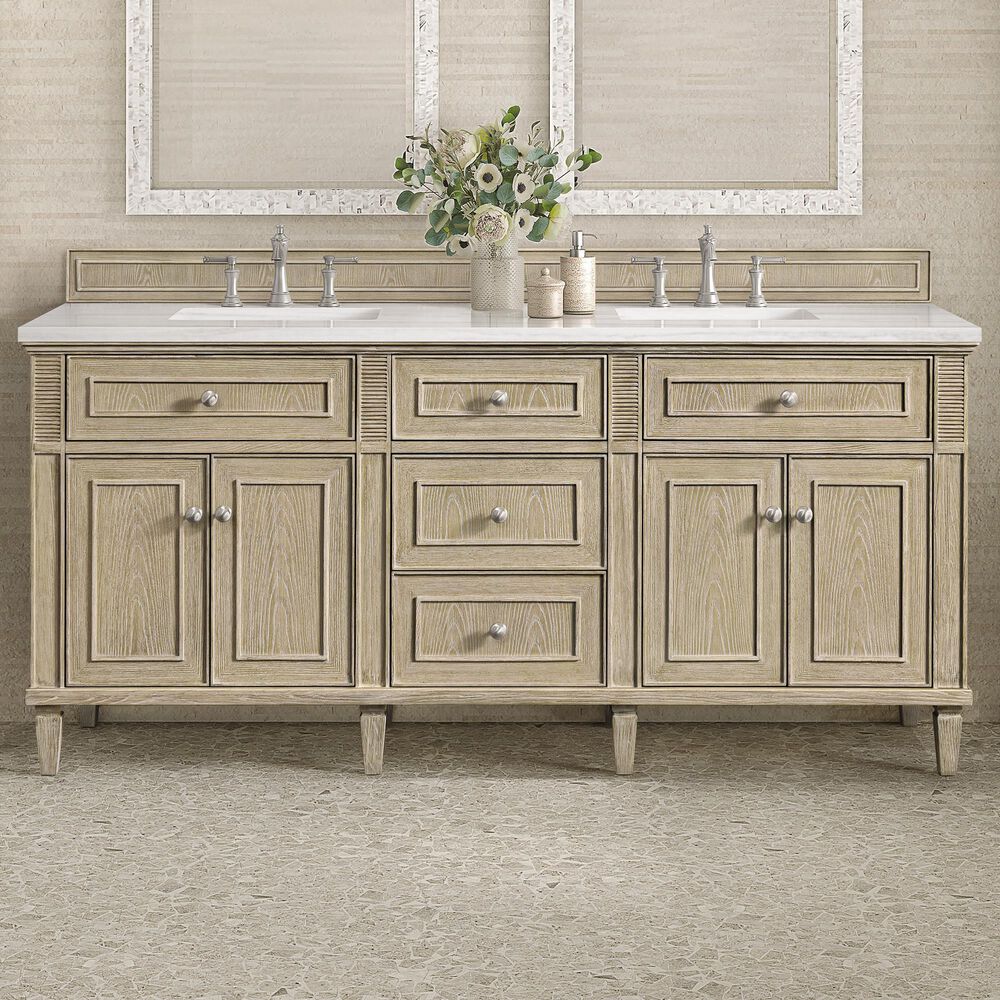 James Martin Vanities Lorelai 72&quot; Double Vanity in Whitewashed Oak with 3 CM Arctic Fall Solid Surface Top, , large
