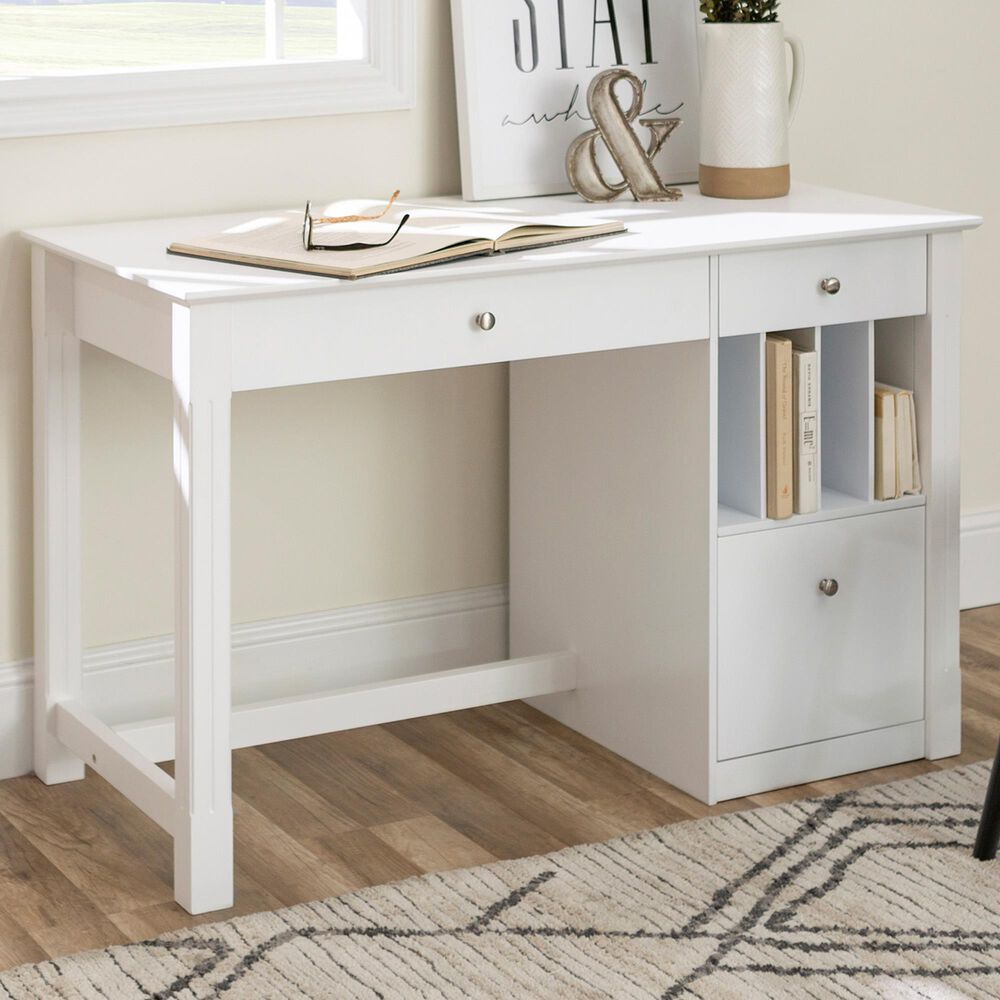 Walker Edison Deluxe Solid Wood Desk with File Drawer in White, , large