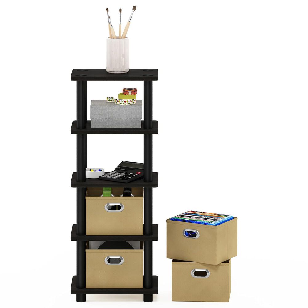 HOMLUX 5-Tier Tall Corner Open Bookshelf with 4 Storage Bins in Espresso and Black, , large