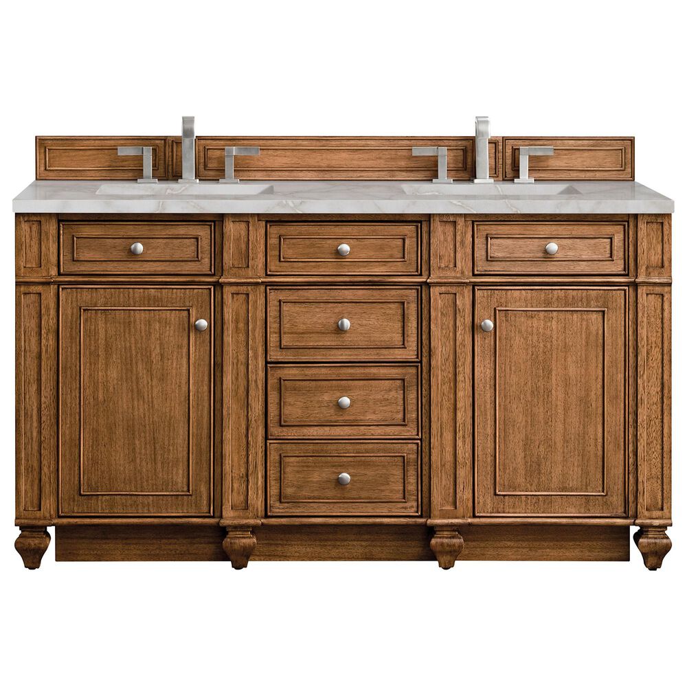 James Martin Vanities Bristol 60" Double Bathroom Vanity in Saddle Brown with 3 cm Eternal Jasmine Pearl Silestone Top, Rectangular Sinks and FreePower Wireless Charger, , large
