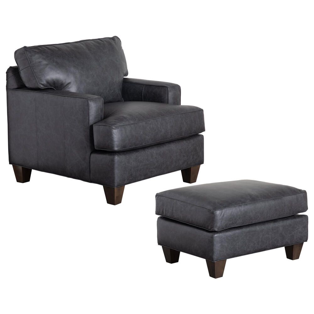 Craftmaster Furniture Corp Stationary Leather Chair and Ottoman Set in Dark Gray, , large