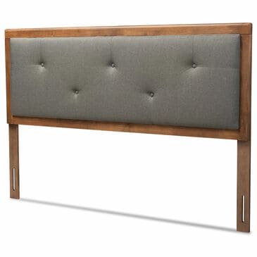 Baxton Studio Abner King Panel Headboard with Dark Grey Fabric in Walnut Brown, , large