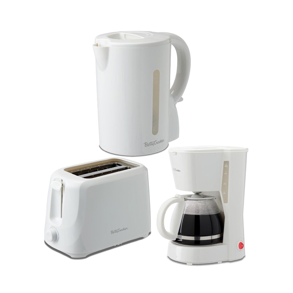 Betty Crocker 3-Piece Kitchen Appliances Set with 5-Cup Automatic Drip Coffee Maker, 1.7L Electric Kettle &amp; 2-Slice Toaster, and STRIX Technology Kettle in White, , large