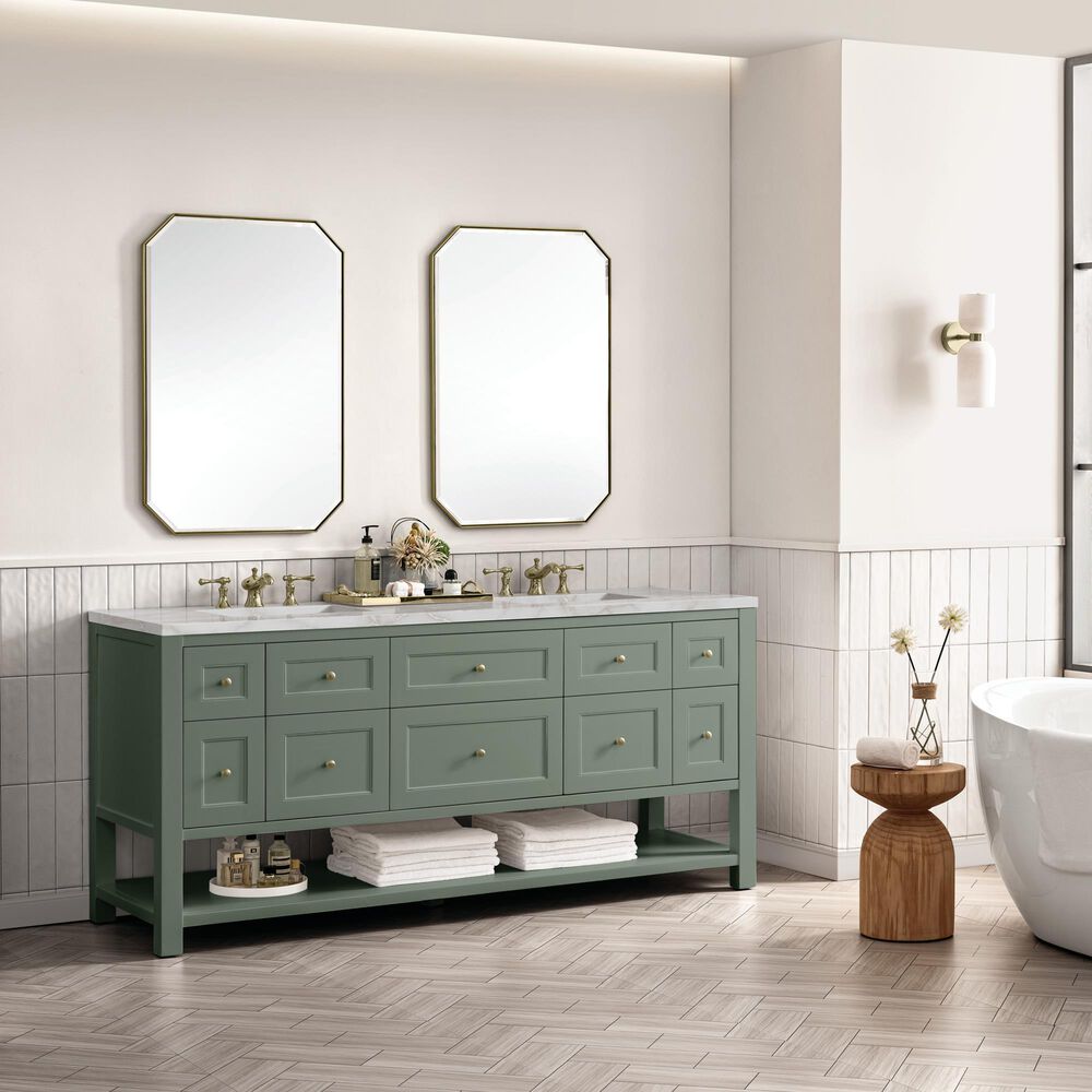 James Martin Vanities Breckenridge 72&quot; Double Bathroom Vanity in Smokey Celadon with 3 cm Victorian Silver Quartz Top and Rectangular Sinks, , large