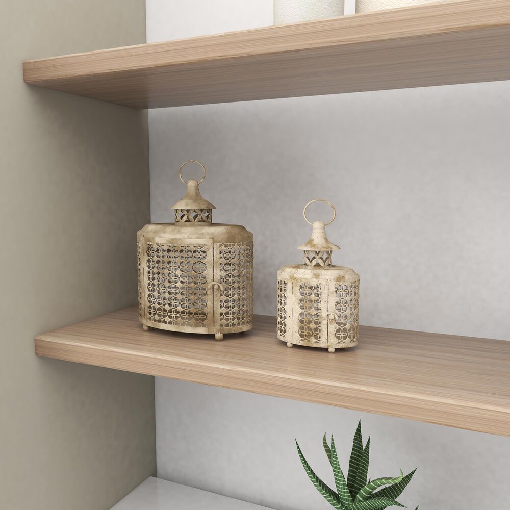 Maple and Jade Rustic Metal Lantern in Beige &#40;Set of 2&#41;, , large