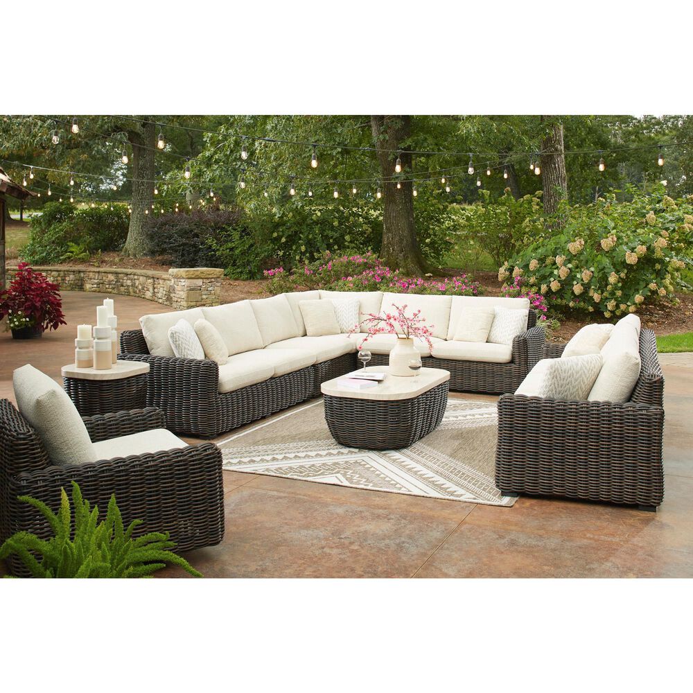 Ashley Kimora Patio Cocktail Table in Beige and Dark Brown, , large