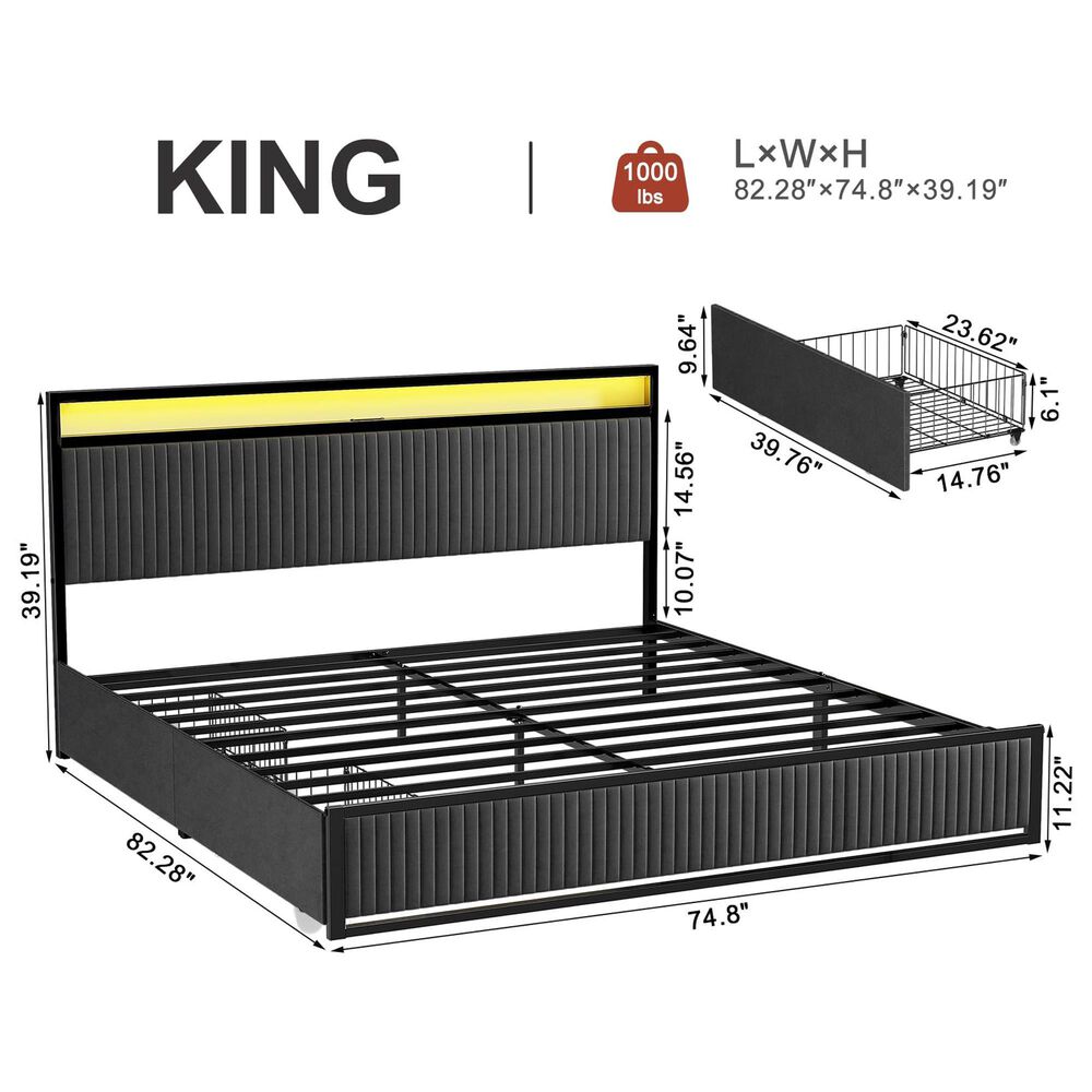 HOMLUX King 2-Drawer Storage Bed with LED Headboard and USB Ports in Gray, , large