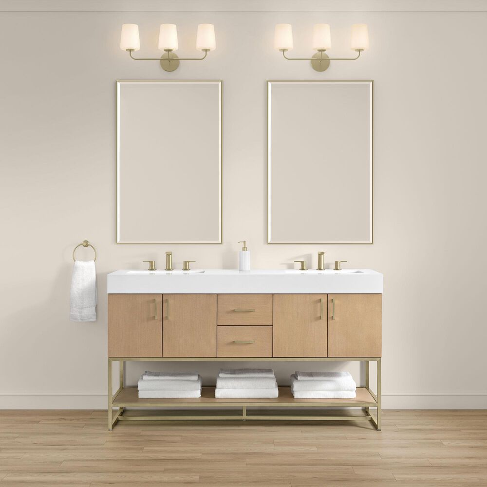 37B Mauri 60" Double Bathroom Vanity with Metal Base in Warm Oak with High-Profile 4" White Composite Stone Top, , large