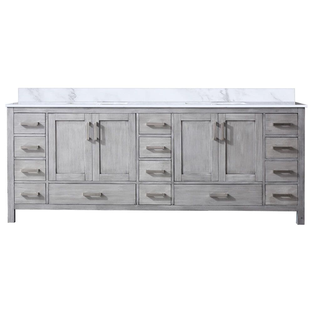 Lexora Home Jacques 84" Double Bathroom Vanity in Distressed Grey with 2 cm White Carrara Marble Top and Rectangular Sinks, , large