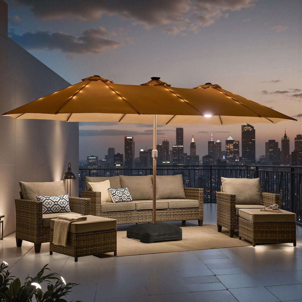 HOMLUX 15' Outdoor Market Umbrella with Sandbags Base and LED Lights in Khaki, , large