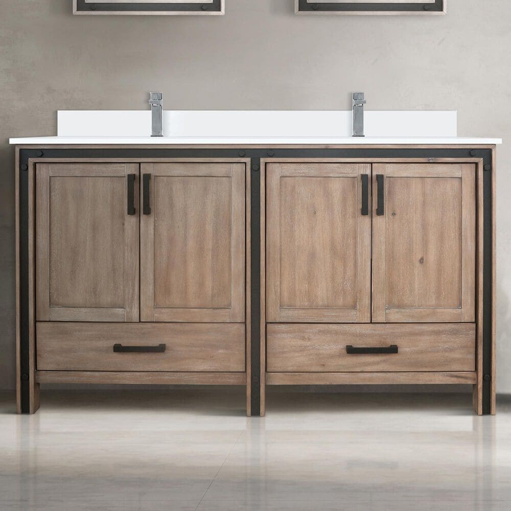 Lexora Home Ziva 60&quot; Double Bathroom Vanity in Rustic Barnwood with 2 cm White Quartz Top and Rectangular Sinks, , large