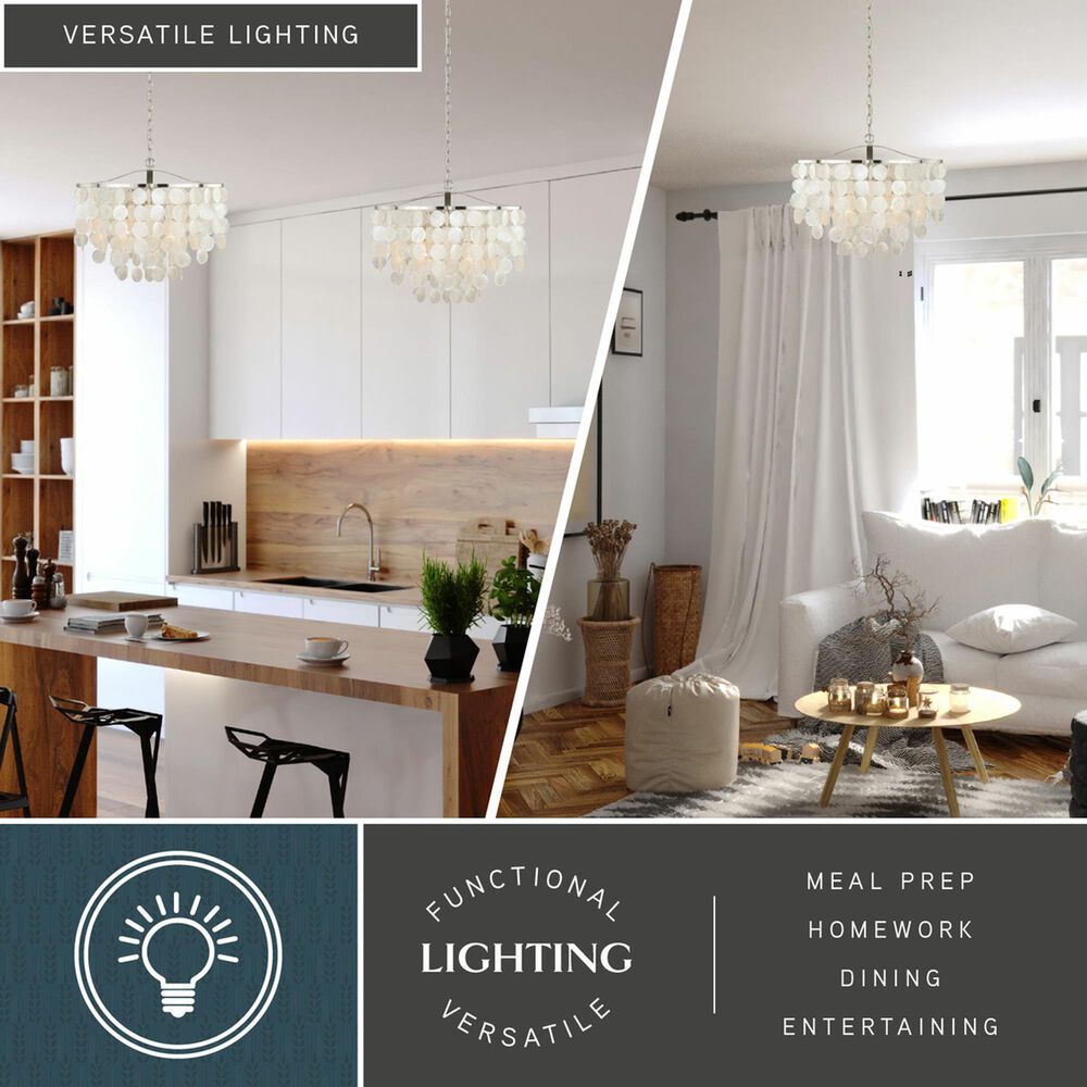 Vaxcel Lighting Elsa 3-Light Coastal Capiz Shell Waterfall Pendant in Satin Nickel, , large