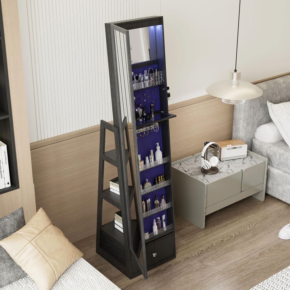 GigaCloud Swivel Jewelry Cabinet with Full Length Mirror and Storage Drawers in Black, , large