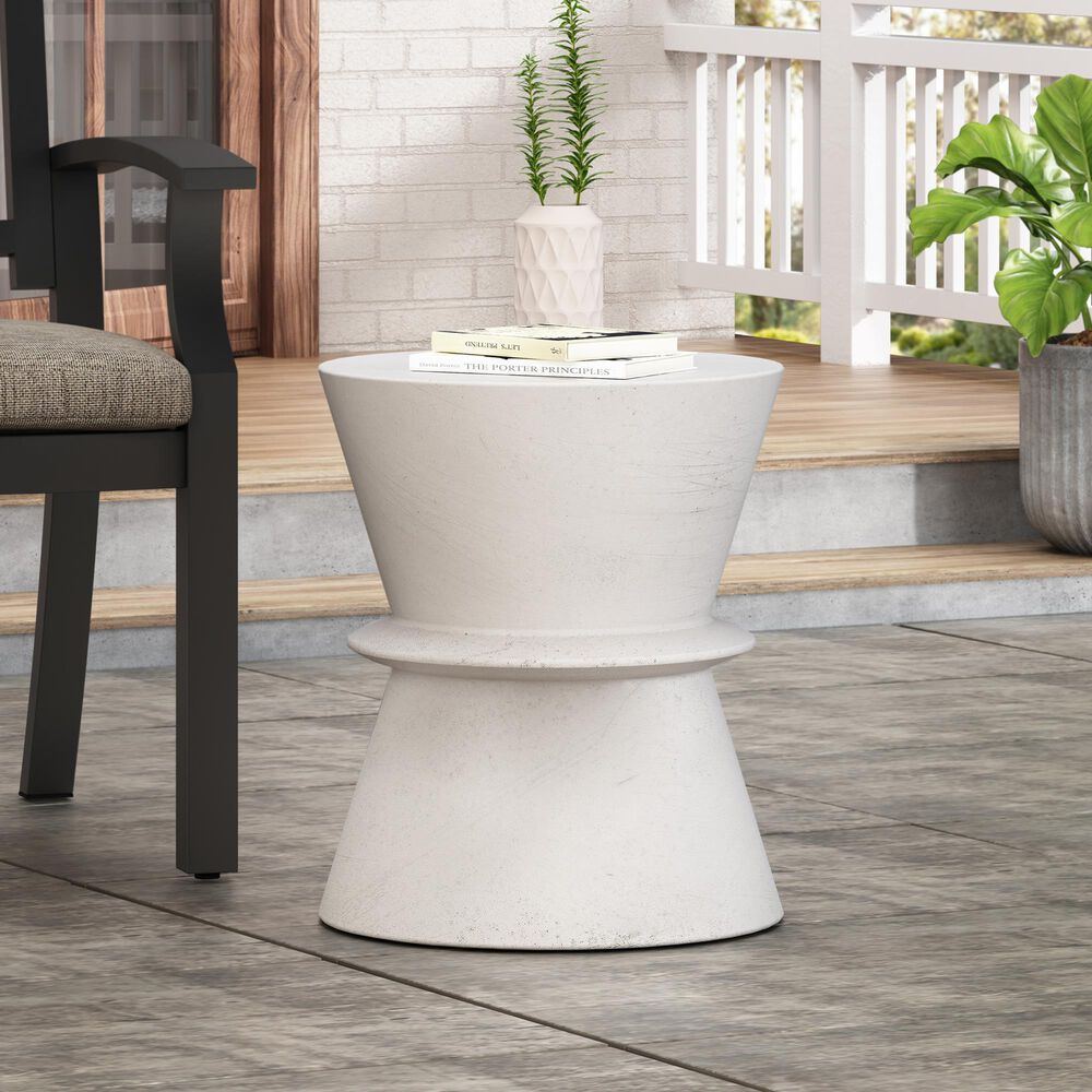 Hearth and Haven Round Patio Side Table with Hourglass-Shaped Base in Antique White, , large