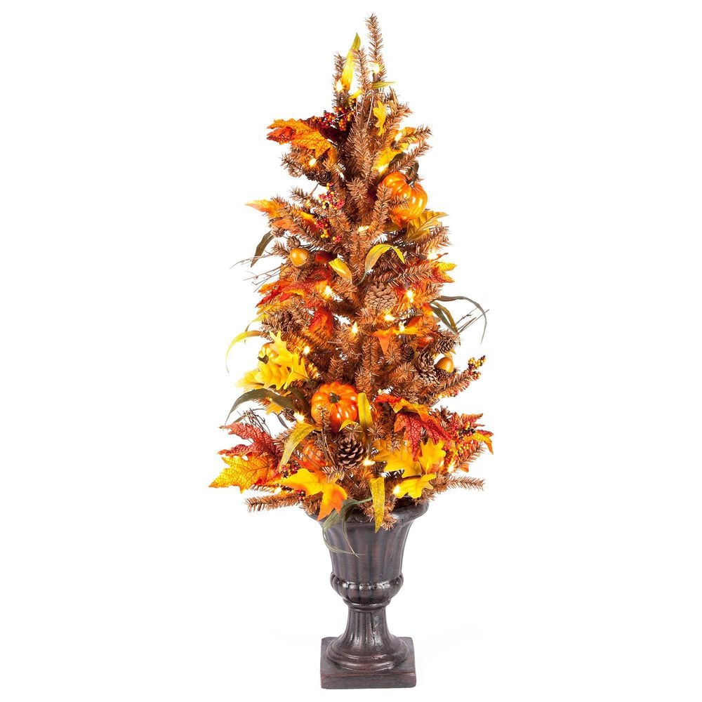 The Gerson Company 46" Pre-Lit Porch Tree with Pumpkins, Pinecones, and Berries in Orange, , large