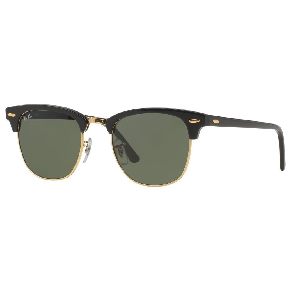 Rayban Glasses Clubmaster Classic Sunglasses with G-15 Green Lenses in Polished Black and Gold, , large