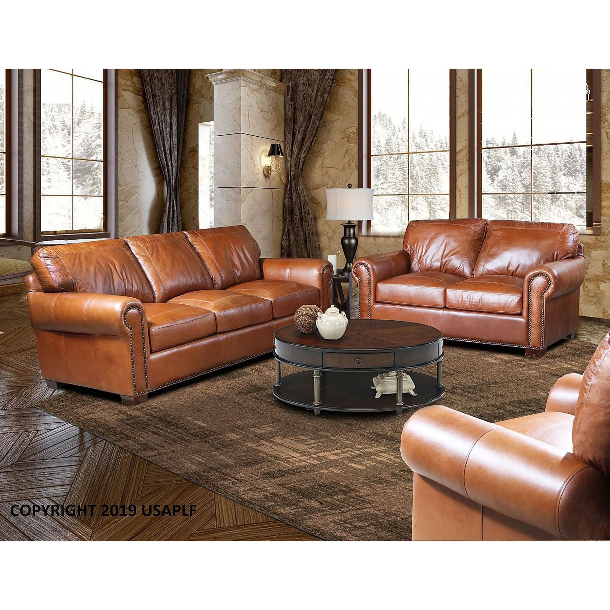 USA Premium Leather Stationary Loveseat in Saddle Glove