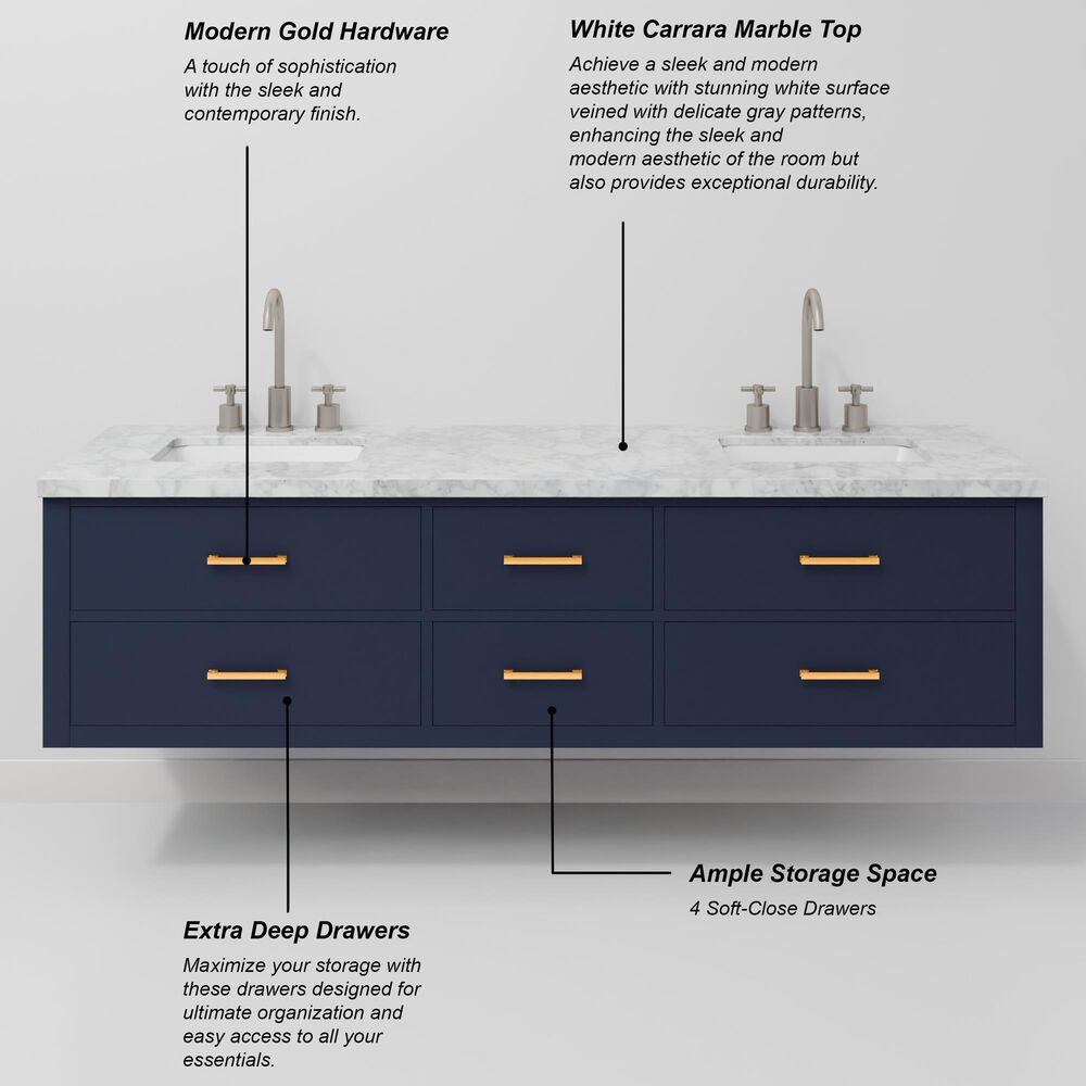 Lexora Home Castor 72" Double Bathroom Vanity in Blue with 2 cm White Carrara Marble Top and Rectangular Sinks, , large