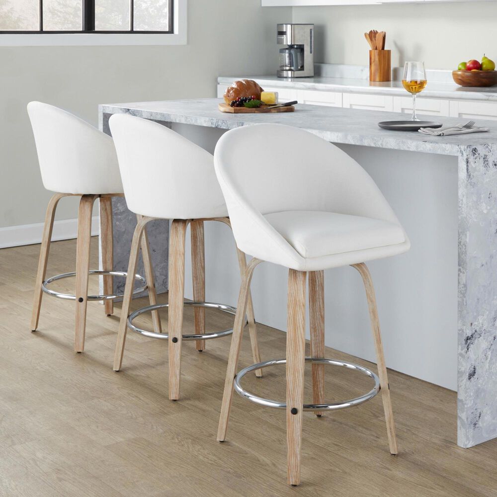 LumiSource Matisse 26" Swivel Counter Stool with Cream Fabric Upholstery in Whitewashed and Chrome (Set of 2), , large