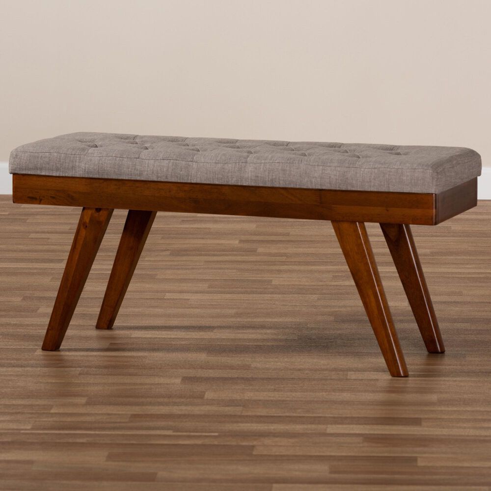 Baxton Studio Alona Dining Bench with Light Grey Cushion in Walnut Brown, , large
