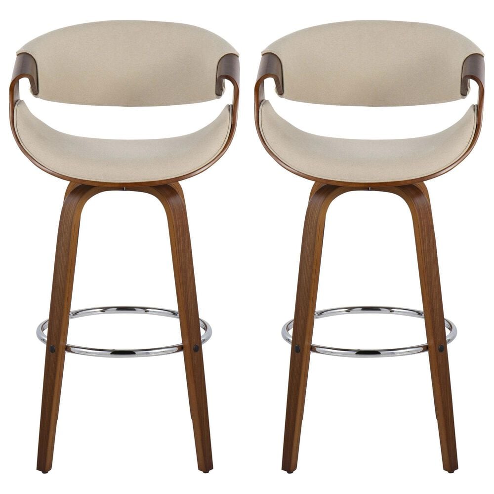 LumiSource Curvini 30" Swivel Barstool with Cream Upholstery in Walnut and Chrome (Set of 2), , large