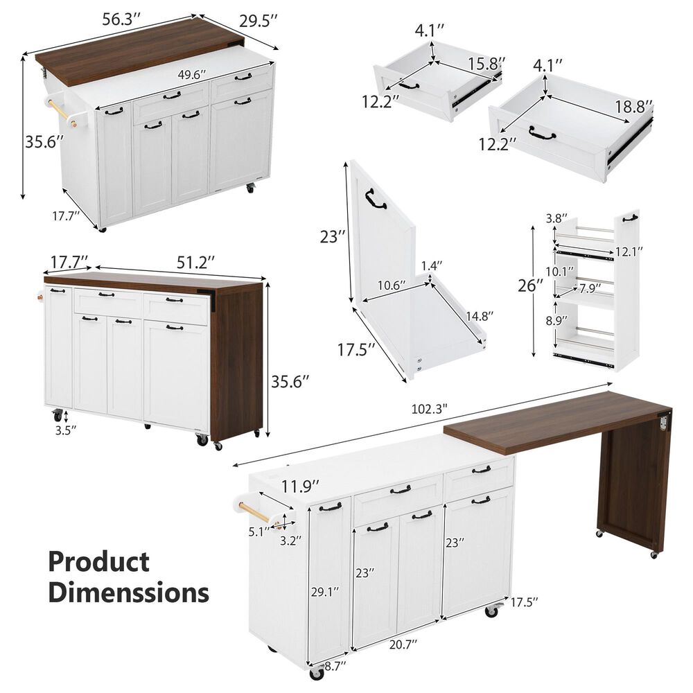 HOMLUX 102" Kitchen Island with Extendable Dining Table in White, , large