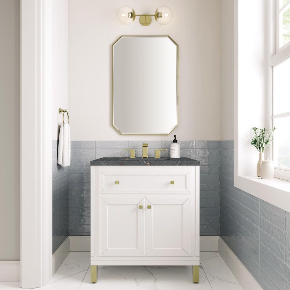 James Martin Vanities Chicago 30&quot; Single Bathroom Vanity in Glossy White with 3 cm Parisien Bleu Quartz Top and Rectangular Sink, , large