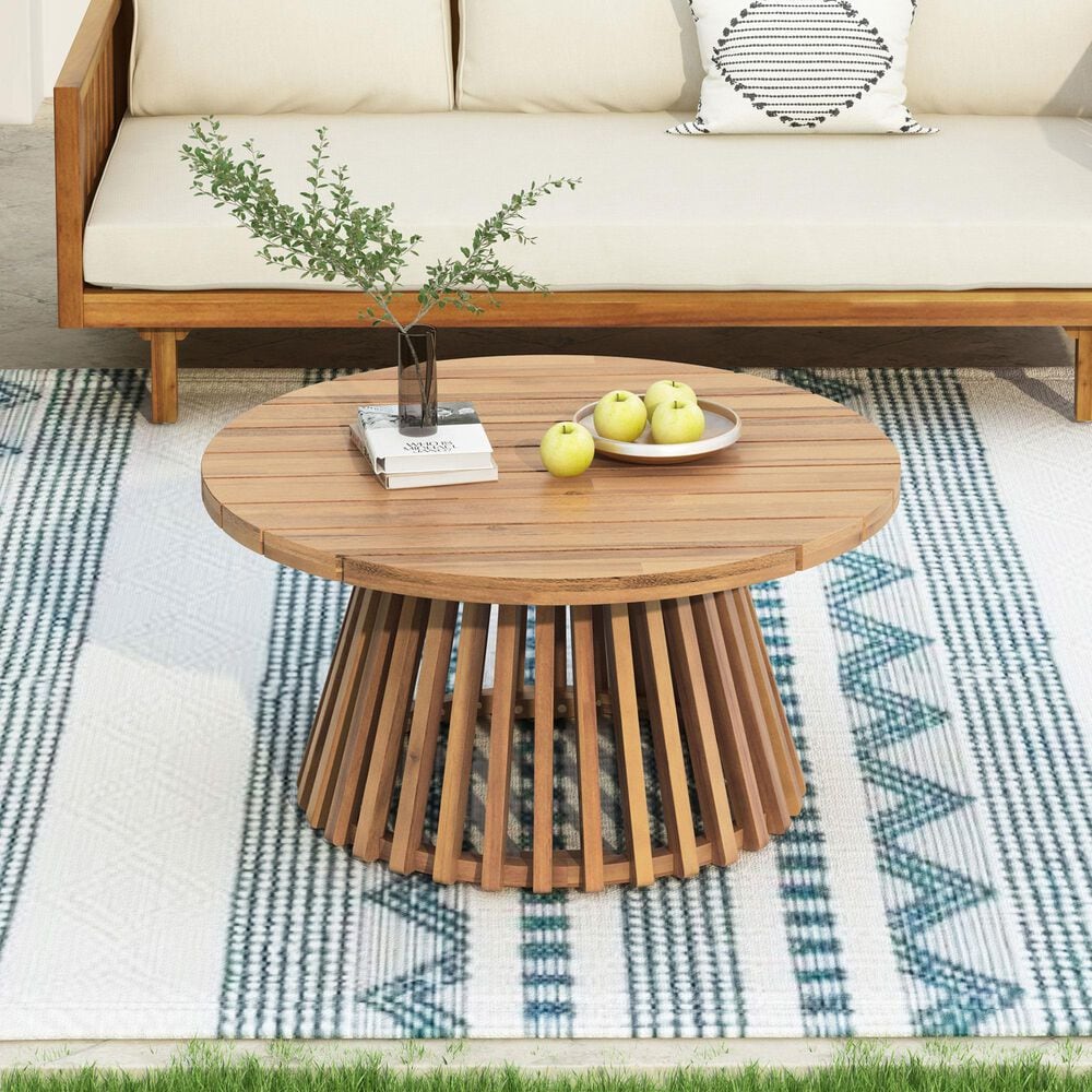 Hearth and Haven Outdoor Round Coffee Table with Slatted Base in Light Teak, , large